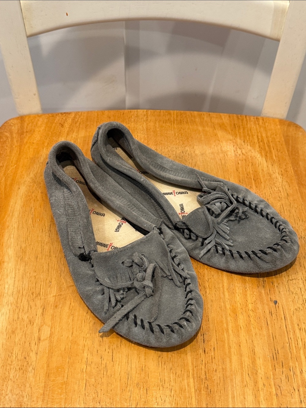 Minnetonka Blue Gray Suede Fringe Moccasins